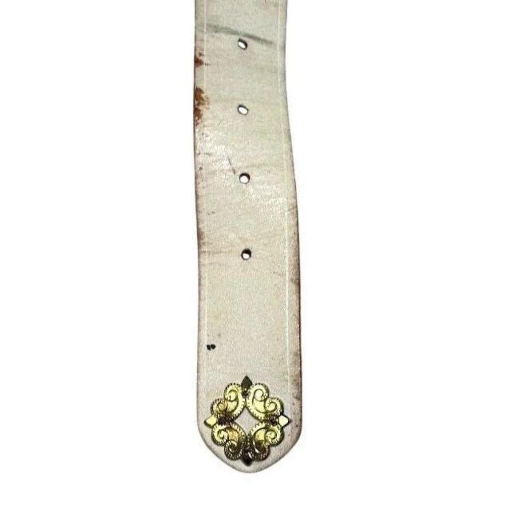 Vintage White‎ Leather Belt Brass Cow Herder Swiss Folk Art Cottagecore 33 Inch